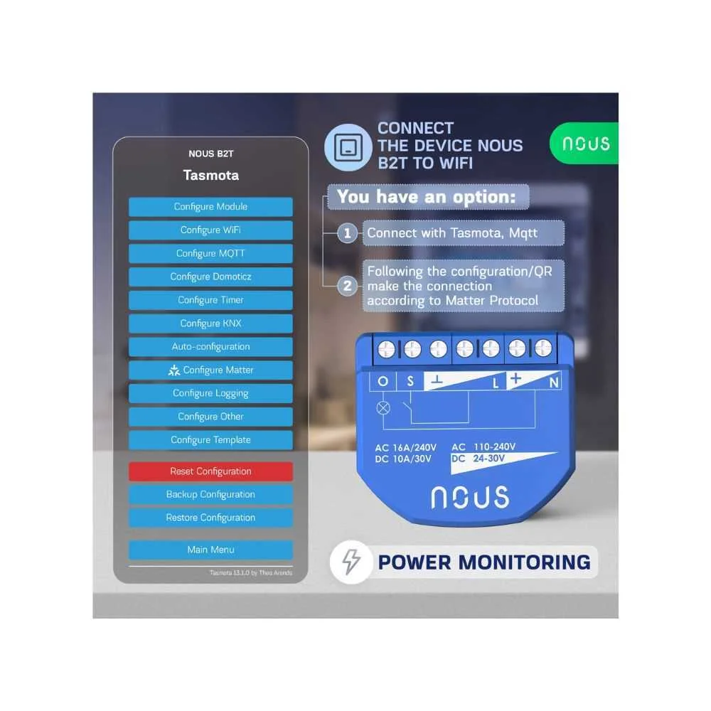 Mini M&oacute;dulo de Rel&eacute; Nous B2t Smart Wi-Fi 1-Gang com Medidor de Pot&ecirc;ncia (Firmware Tasmota, Compat&iacute;ve
