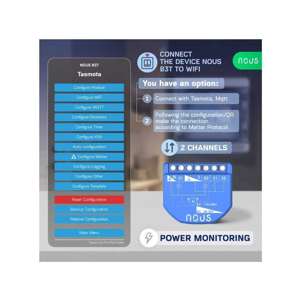 Mini m&oacute;dulo Nous B3t Smart Wi-Fi 2-Gang, contador.