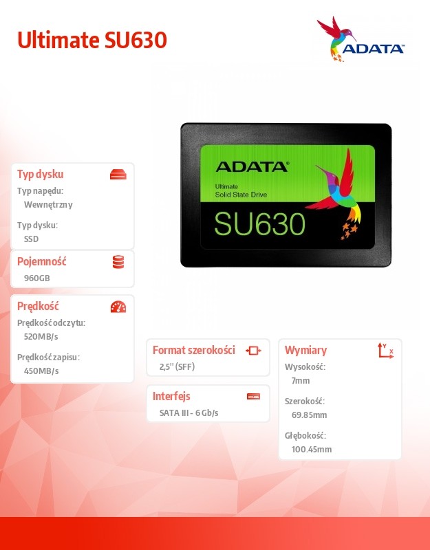 Disco Duro 2.5  SSD 960gb Sata3 Adata Su630 Qlc 3.