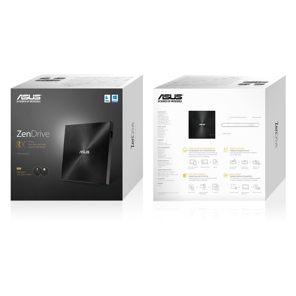 Asus Zendrive U9m Dvd+/-Rw 8x Externo Slim Black - Sdrw-08u9m-Ub