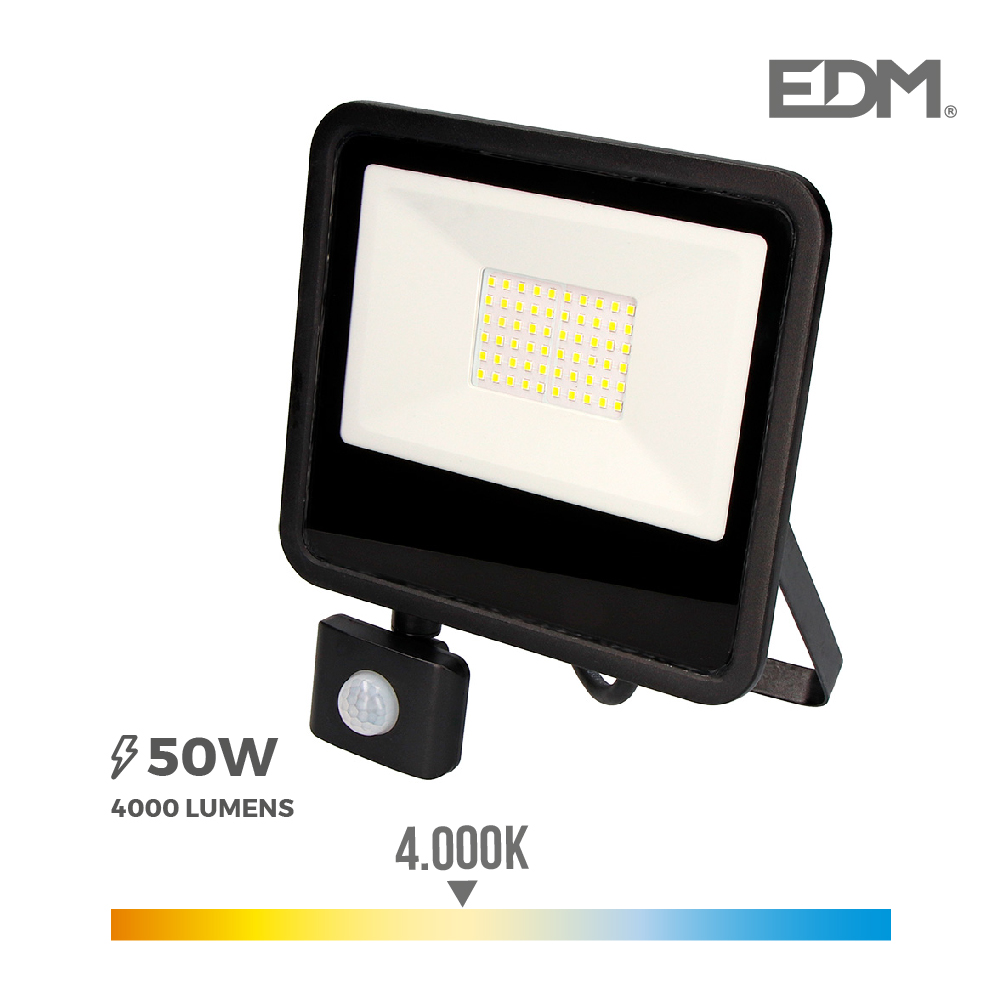 Projetor LED 50w 4000lm 4000k Luz Dia com Sensor de Presença 23,8x4,5x19,2cm Edm