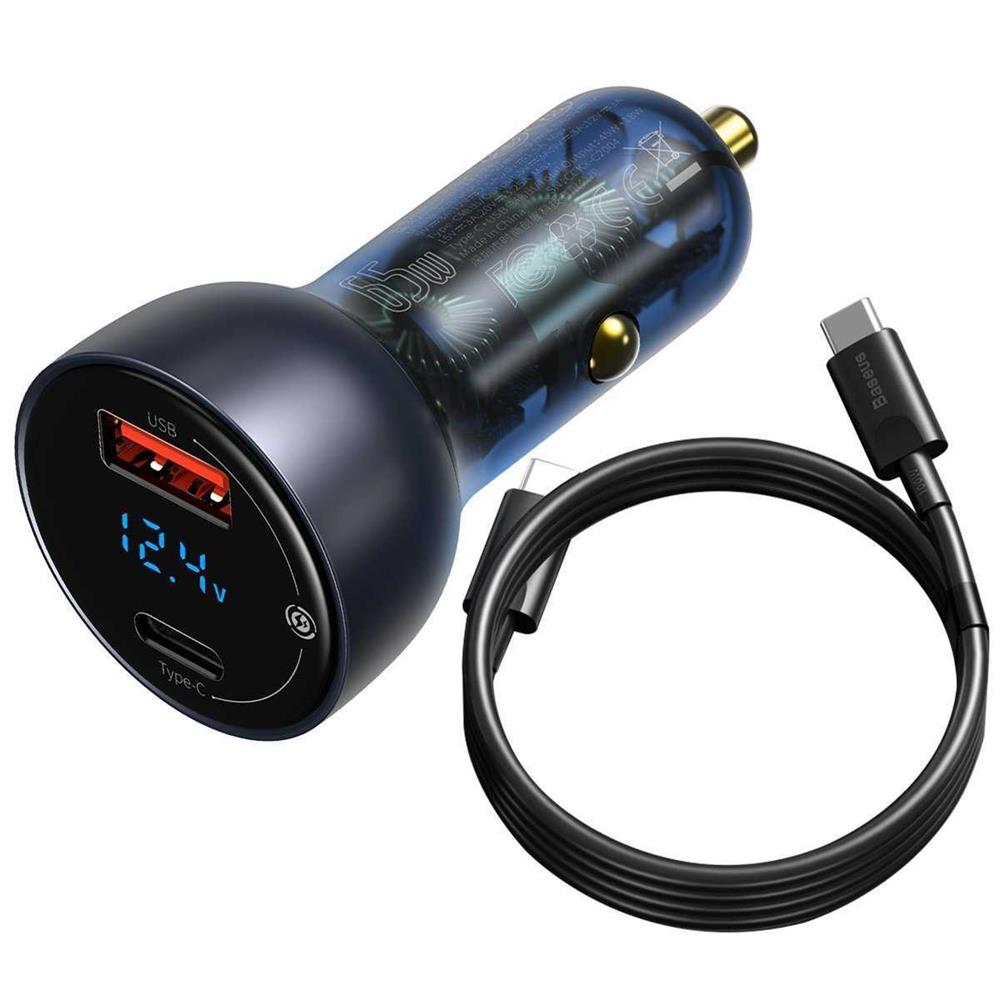 Car Charger Baseus Particular Digital Display Qc+Pps 65w With Mini White Usb-C Cable With E-Mark Chi
