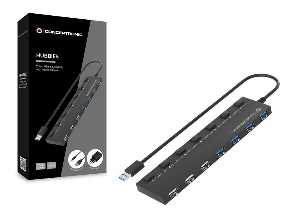 Hubbies 7-Port Usb 3.0/2.0 Hub With Power Adapter
