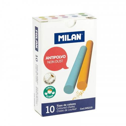 Caja 10 Tizas de Carbonato de Calcio de Colores Redondas -Antipolvo Milan 245210