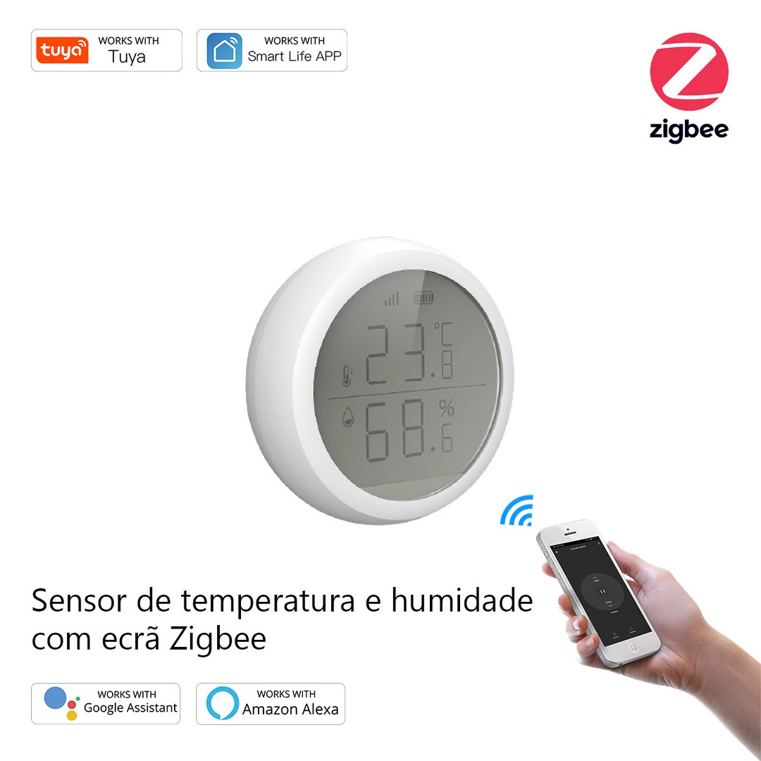 Sensor de temperatura e humidade com ecrã Zigbee