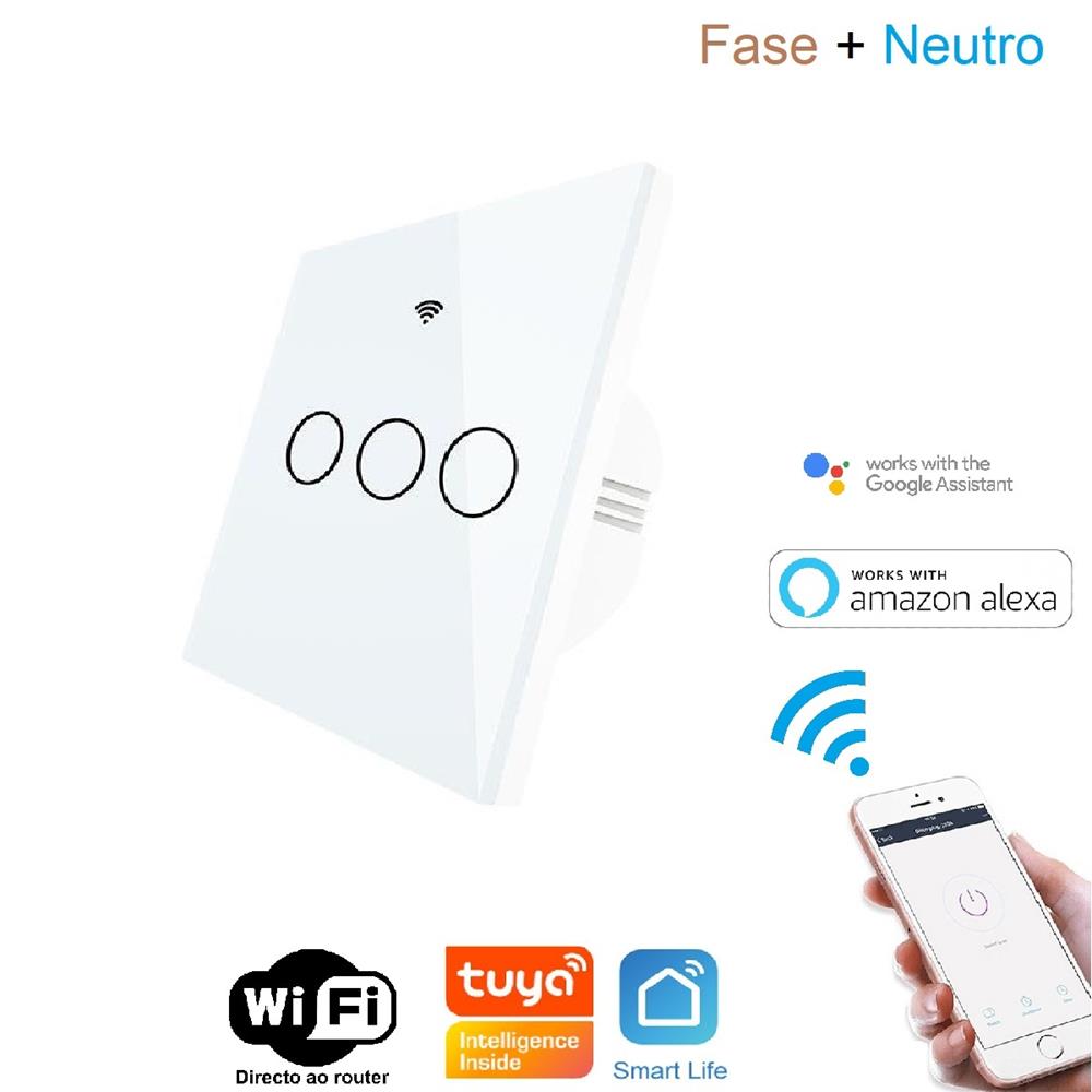 Interruptor Wifi + Rf433 de Parede Touch Vidro 3 C