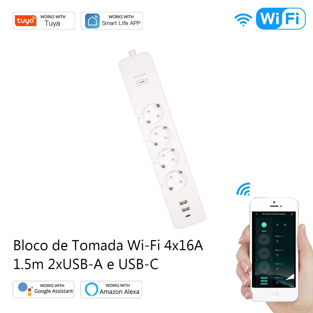 Bloco de Tomada Wi-Fi 4x16A 1.5m 2xUSB-A e USB-C