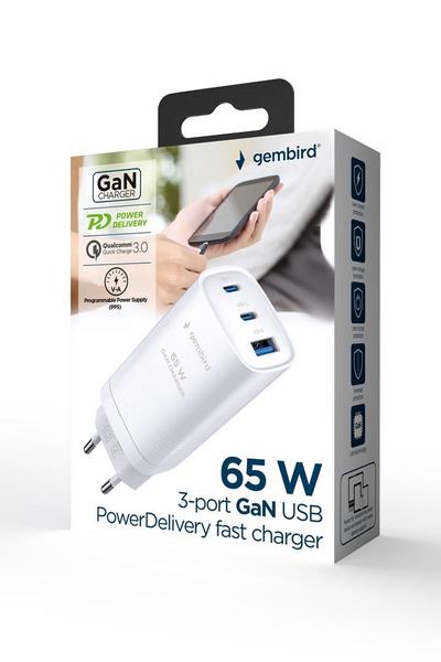 Gembird Ta-Uc-Pdqc65-01-W 3-Port 65 W Gan Usb Powerdelivery Fast Charger  White