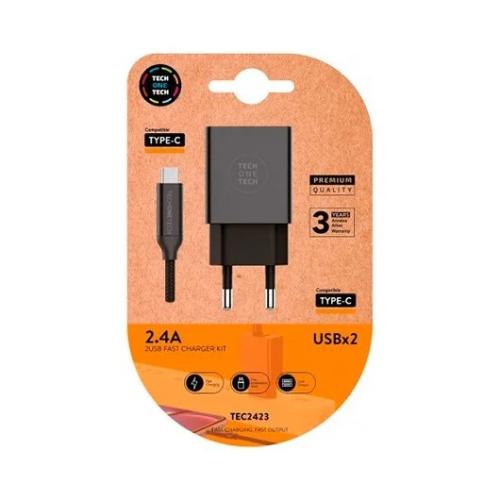 Cargador Doble + Cable Usb-C Tech One Tech Negro