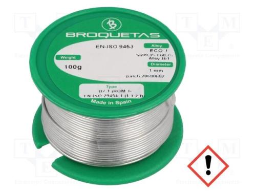 Arame de solda, Sn99,3Cu0,7, 1mm, 0,1kg, sem chum.