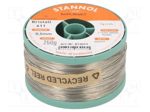 Arame de Solda, Sn99,3cu0,7, 0,5mm, 250g, Sem Chumbo, Bobina, 2,5%