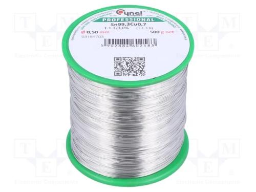 Arame de solda, Sn99,3Cu0,7, 0,5mm, 500g, sem chu.