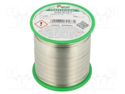 Arame de solda, Sn99,3Cu0,7, 1mm, 500g, sem chumb.