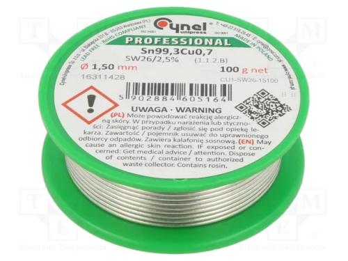 Arame de solda, Sn99,3Cu0,7, 1,5mm, 100g, sem chu.